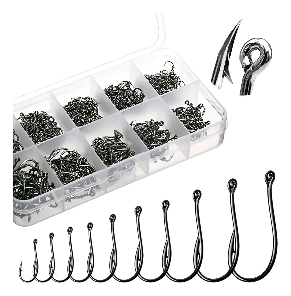 Kit Com 600 Anzóis Pesca Aço Carbono Do #3 Ao #12 Com Caixa
