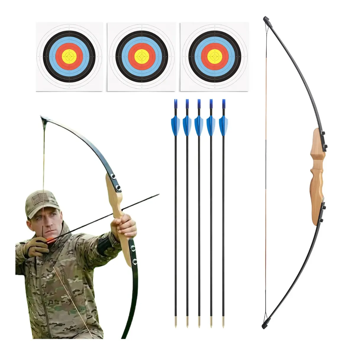 Kit Arco E Flecha Profissional 40lbs Recurvo Madeira Preto