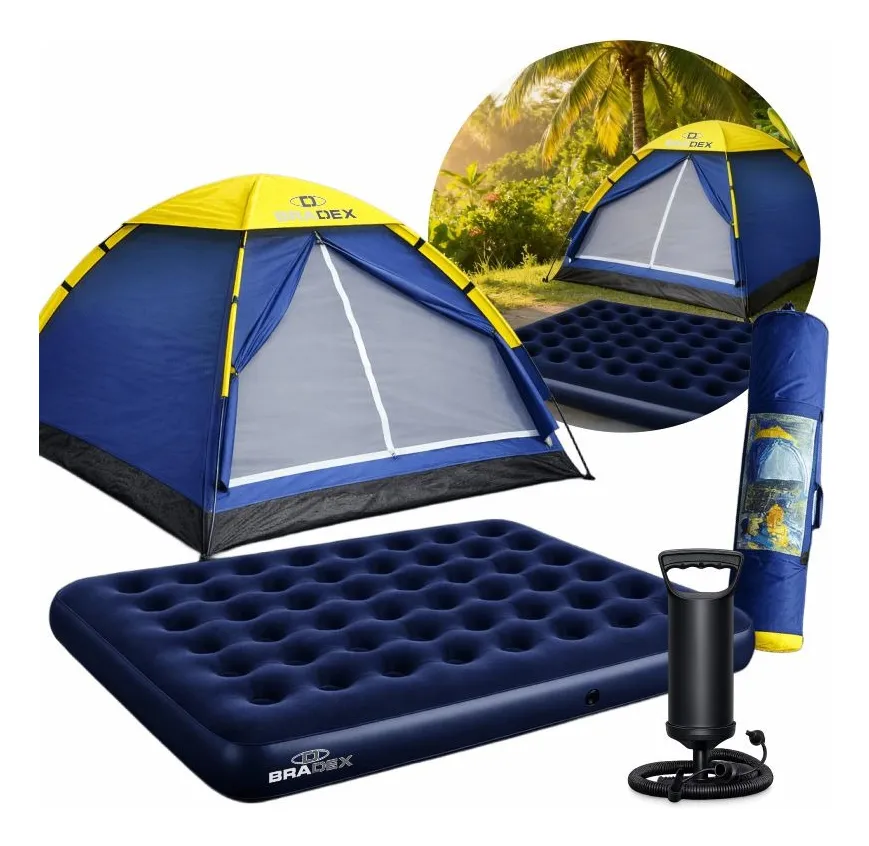 Barraca 4 Pessoas Camping Acampamento Colchão Casal + Bomba