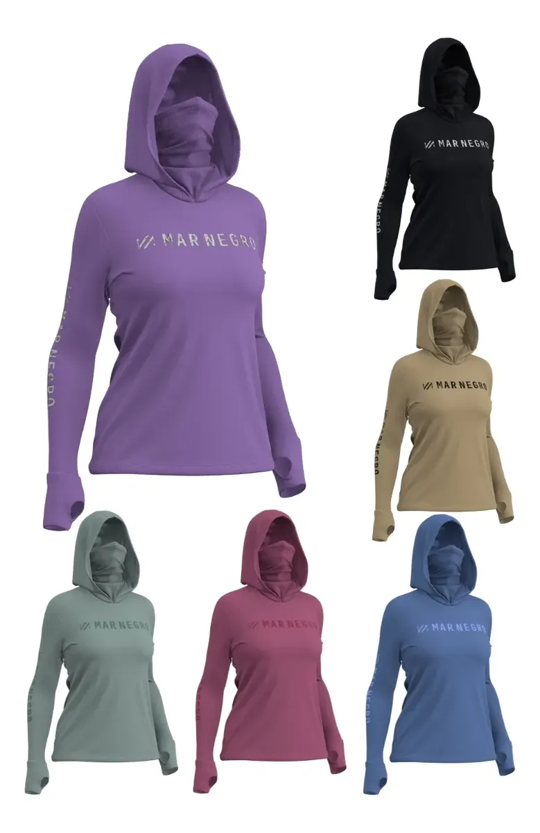 Camiseta De Pesca Feminina Mar Negro Com Capuz E Buff 360
