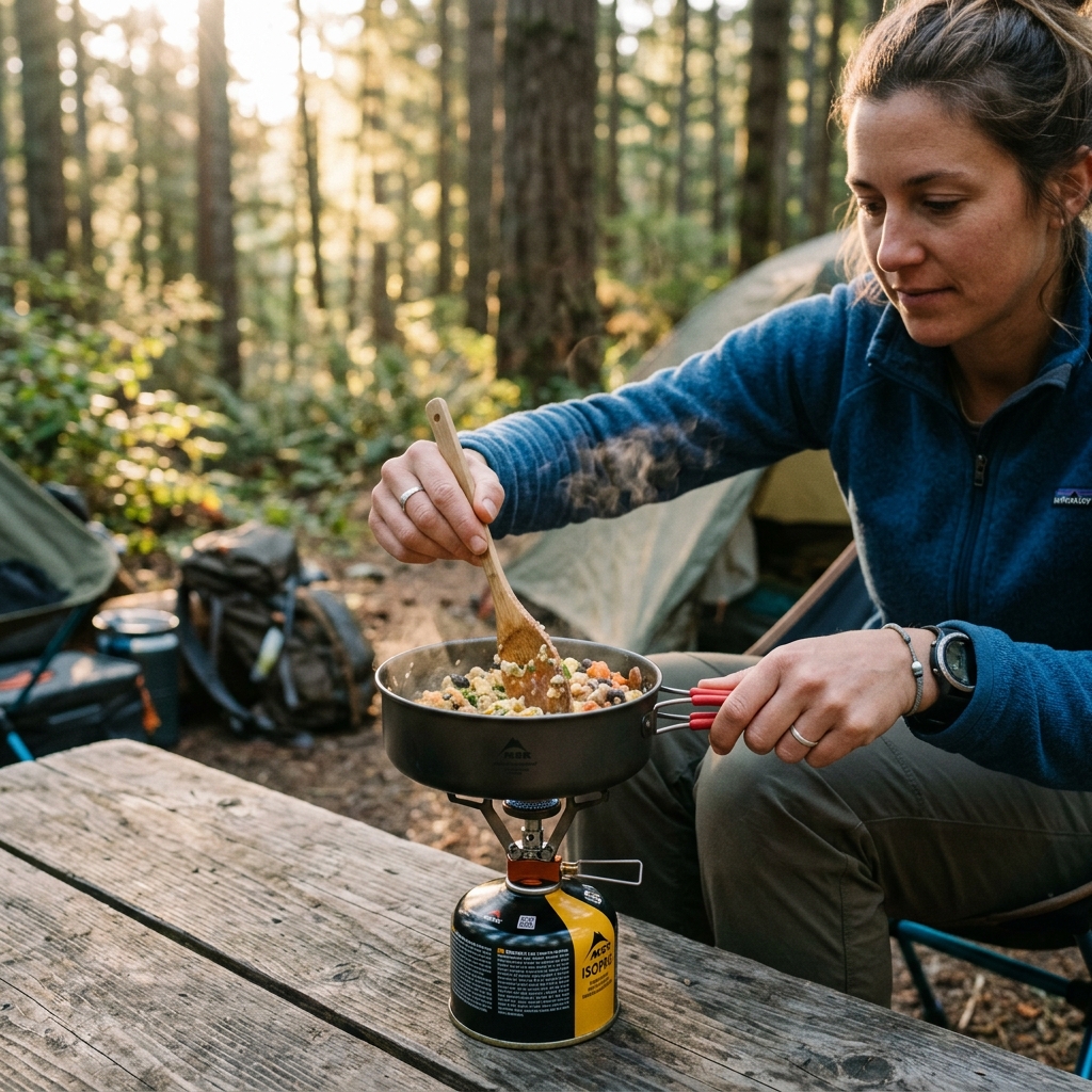 cozinhando no camping com fogareiro