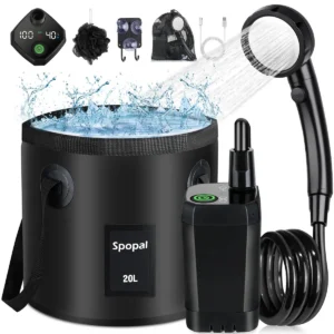 Ducha Portátil Recarregável, [Balde Dobrável de 20 L] 6000 mAh, Chuveiro Portátil Para Acampamento Com 4 Velocidades, Tela LED