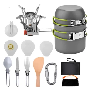 Kit Cozinha Camping Panelas Completo 14pçs C/ Mini Fogareiro Cor Cinza