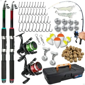 Kit de Pesca camping com 2 Varas Telescópicas e 2 Molinetes, Maleta Completa para Pescaria