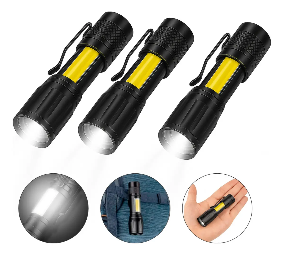 Kit 3 Mini Lanterna Tática Led Cob Forte Usb Recarregável Militar Profissional Com Zoom Cor Da Lanterna Preto Cor Da Luz Branco