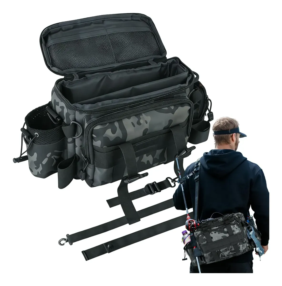 Mochila Pesca Oxford 600D Impermeável Multifuncional Expansível com Suporte para Vara