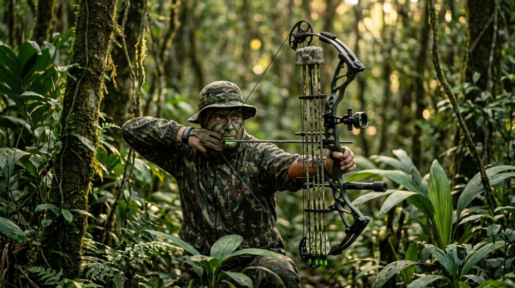 Caca com arco e flecha bowhunting Brasil - arqueiro na floresta