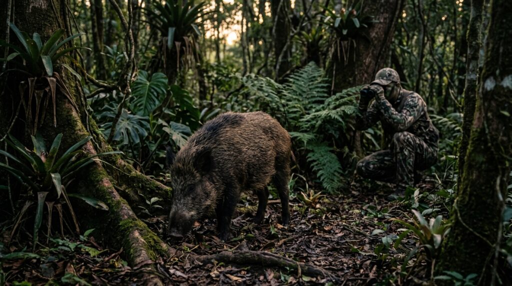 Caca de Javali no Brasil - Cacador em floresta