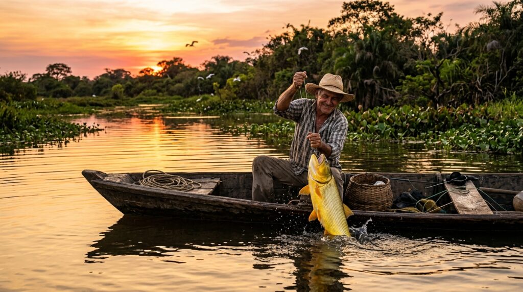 Pescaria no Pantanal - Pescador com dourado ao por do sol