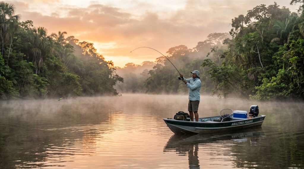 Pesca em agua doce para iniciantes - rio amazonas ao amanhecer